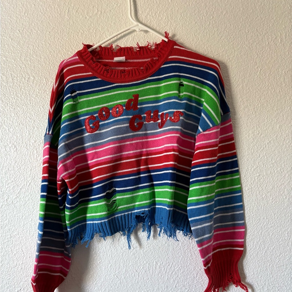 Colorful Striped Sweater with Distressed Details